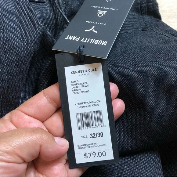 NWT Kenneth Cole Black Slim Fit 5Pocket Tech Pant Size 32X30.